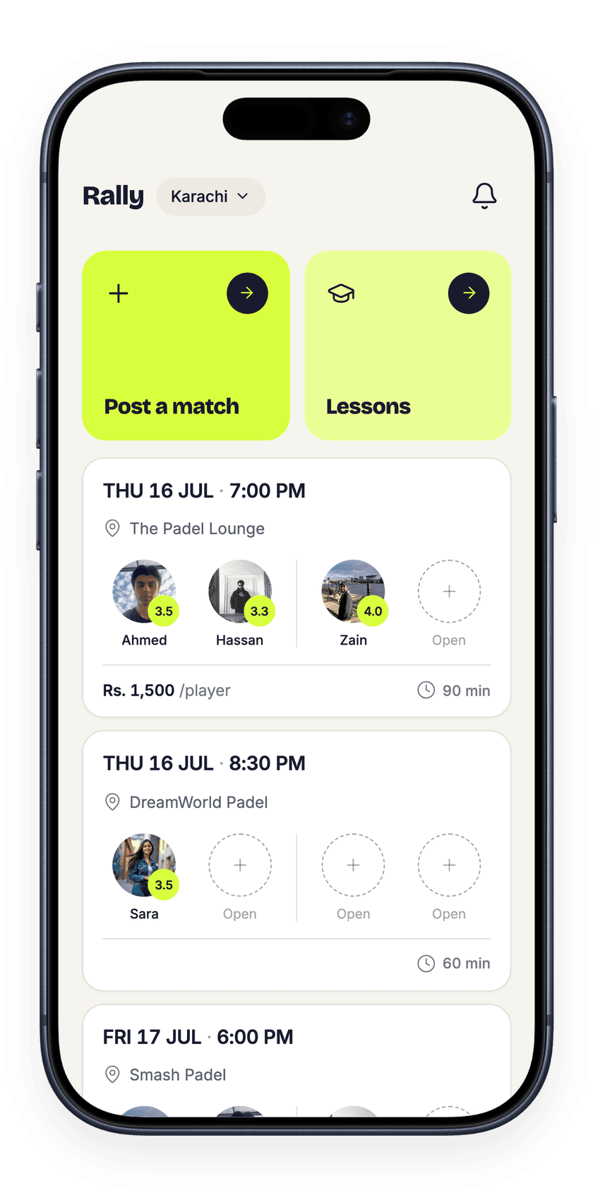 The Rally app showing the match feed near you