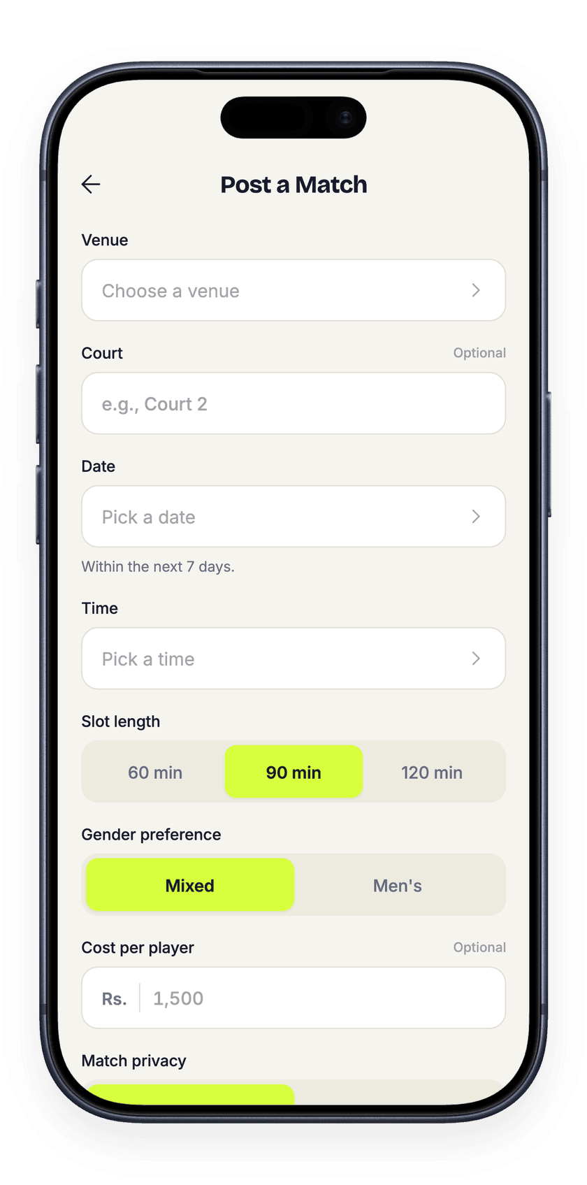 The Rally app showing the post-a-match screen