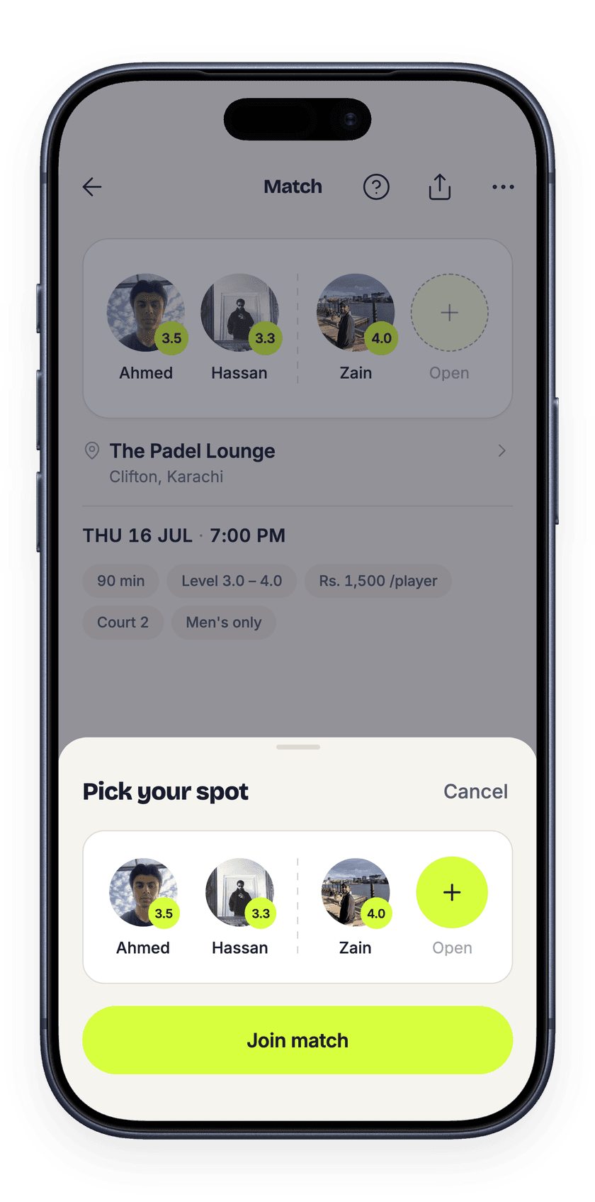 The Rally app showing a match with players and an open spot