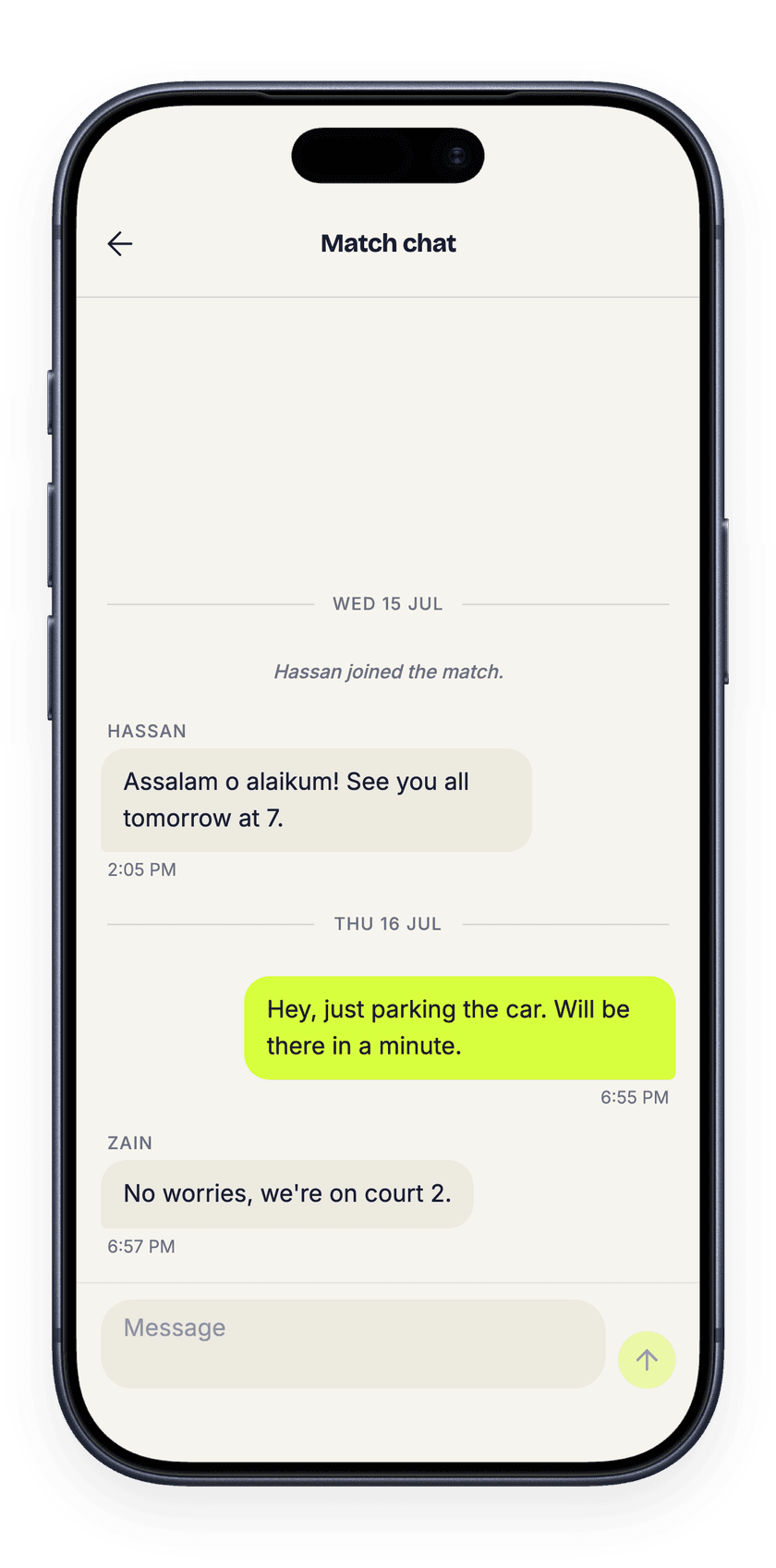 The Rally app showing the in-match chat