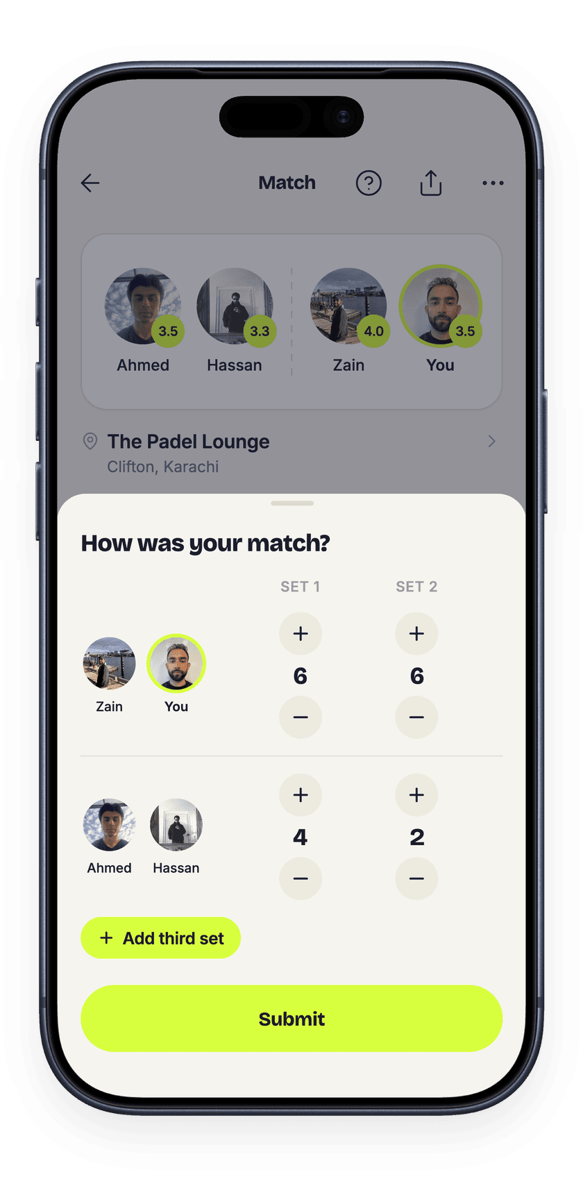 The Rally app showing score entry for a finished match