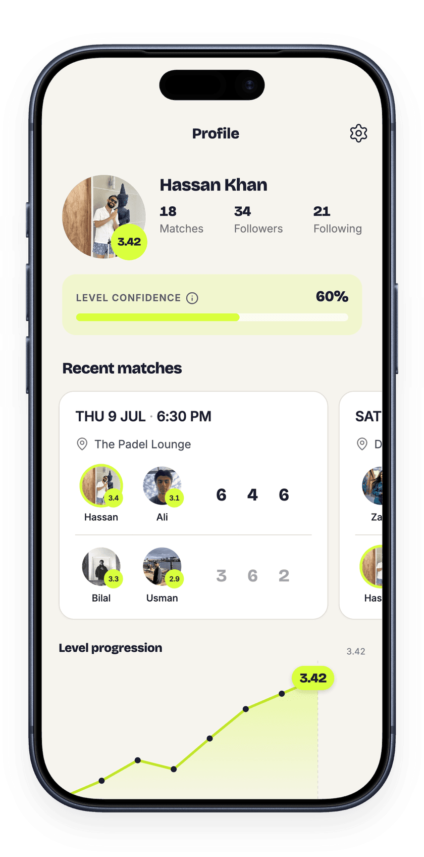 The Rally app showing a player profile with level progression