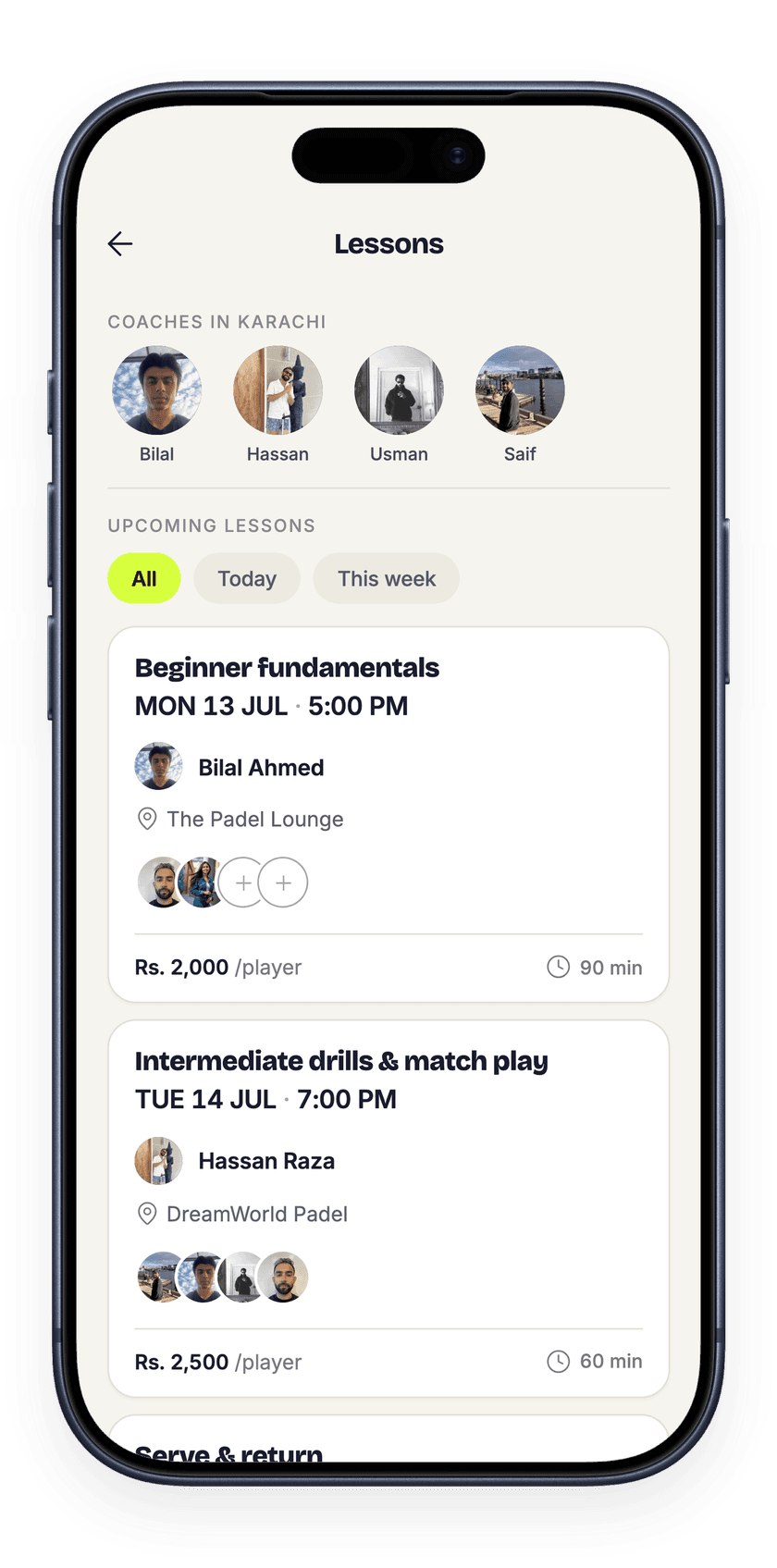 The Rally app showing coaches and lessons available to book